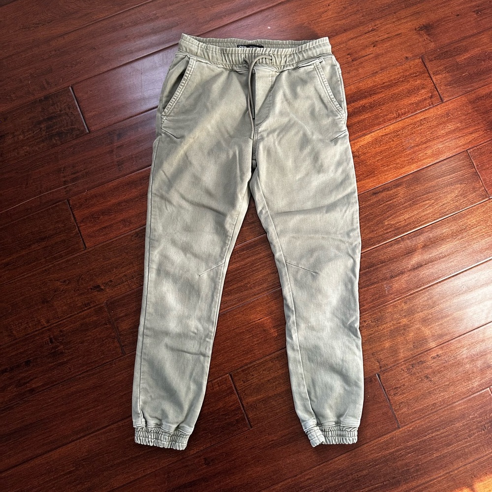 ZARA Man Olive Green Twill Jogger Pants Boys Size S Cotton Blend Elastic Cuff - Picture 2 of 10